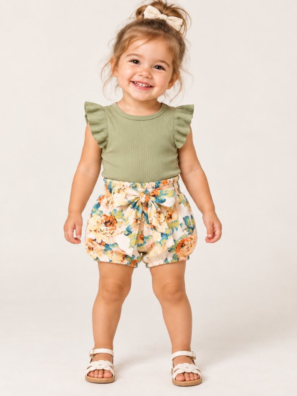 Girls Sage Green Ribbed Bodysuit & Floral Shorts Set – Size 2T